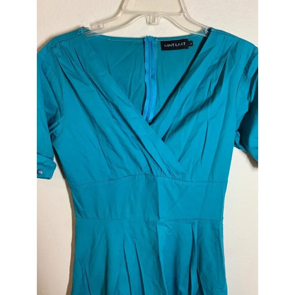 VTG Mint Limit Dress Retro 50s 60s Cotton Teal Blue Business Casual Size Large - Picture 2 of 6